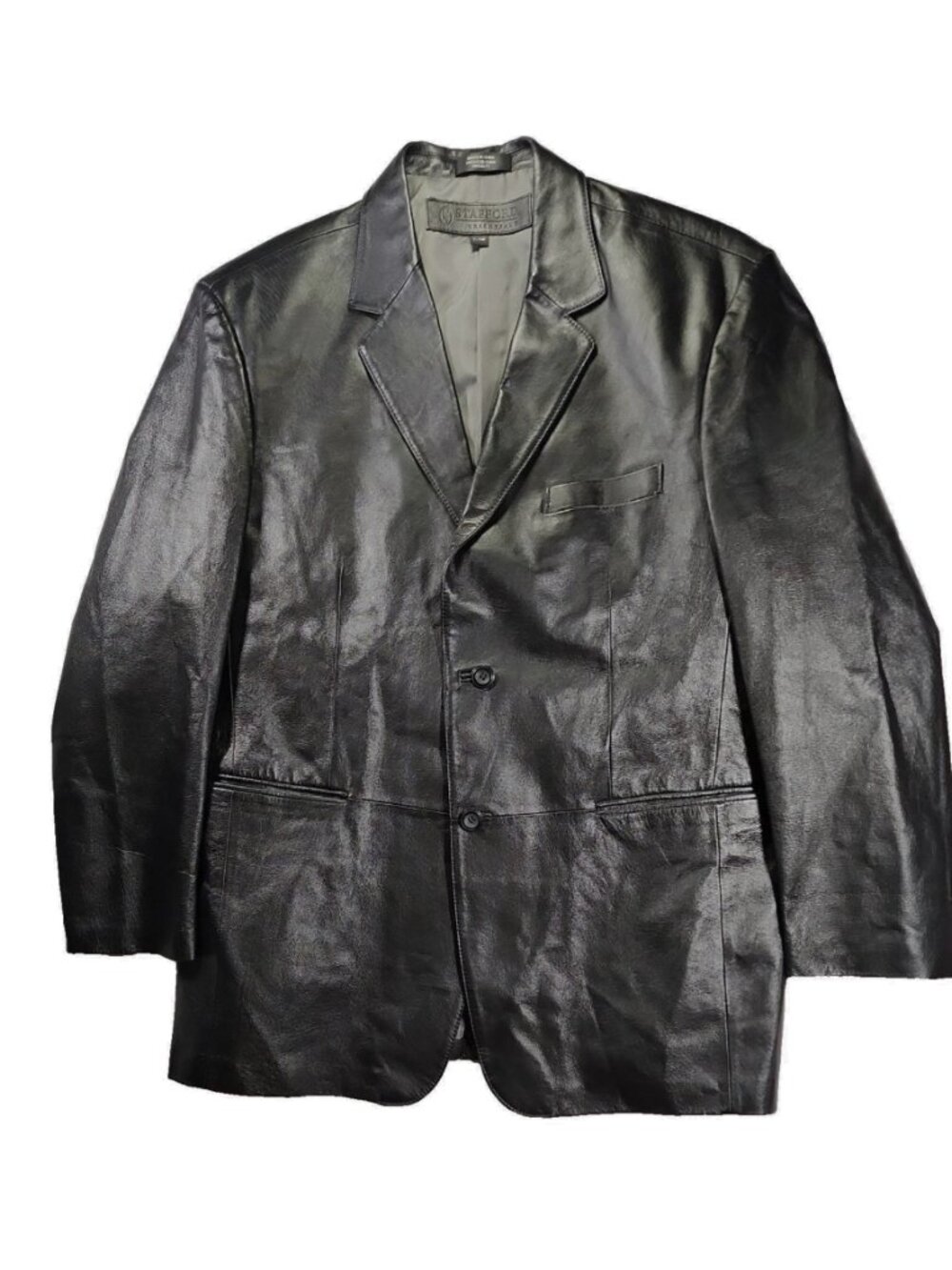 Stafford Essentials Y2K Black Leather Two Button Sleek Sports Coat LG